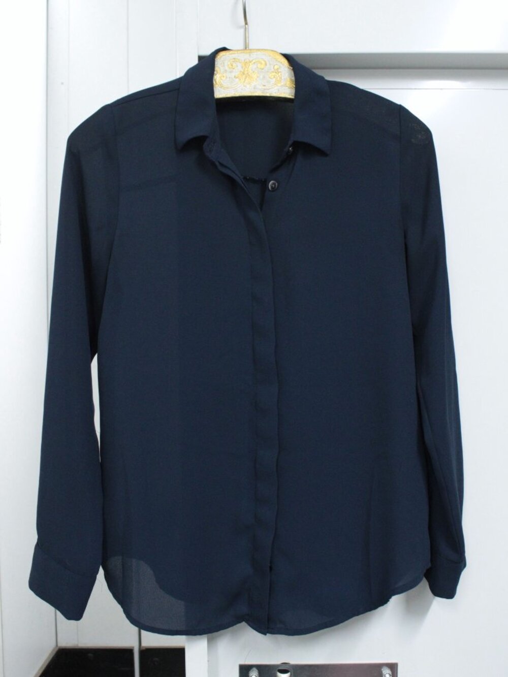 Semi-sheer dark navy blue button-up blouse, sz XSP